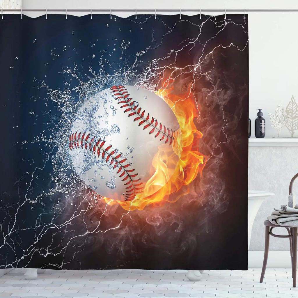 Baseball Shower Curtain Baseball Glove Sports Theme Polyester Fabric Bathtub Screen Home Decor Bathroom Curtains Set with Hooks