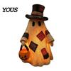 Cute Halloween Party Supplies Lighted Patchwork Ghost Resin Figurine with Pumpkin Lantern, Rustic Farmhouse Style Glowing Lanterns Tabletop