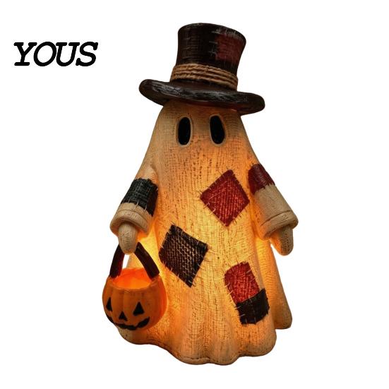 Cute Halloween Party Supplies Lighted Patchwork Ghost Resin Figurine with Pumpkin Lantern, Rustic Farmhouse Style Glowing Lanterns Tabletop