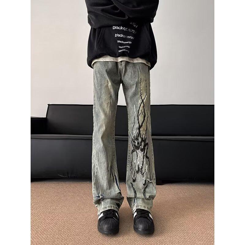American high street washed old retro micro-horn jeans men's flame afterimage printing thin floor pants