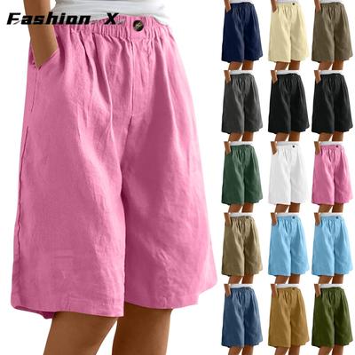 Damenmode Einfarbige Hosen Tasche Button Up Capris Lose Elastische Taille Baumwolle Leinen Shorts Hosen für Frauen Damenhosen