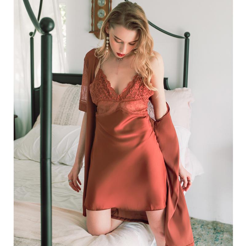 Elegant Lace Kimono Nightgown Robe - Women's All-Season Silk-Feel Homewear