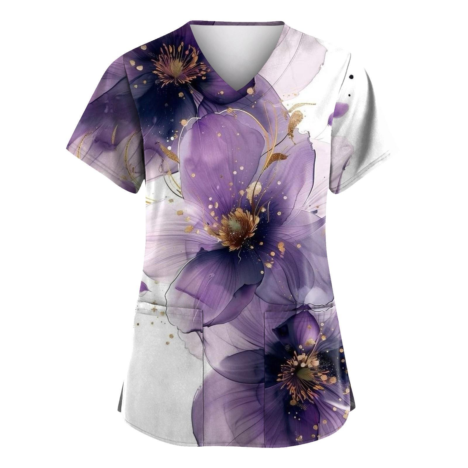 

Женская мода с v-образным вырезом, короткими рукавами и карманами, топы с принтом XXL розовый