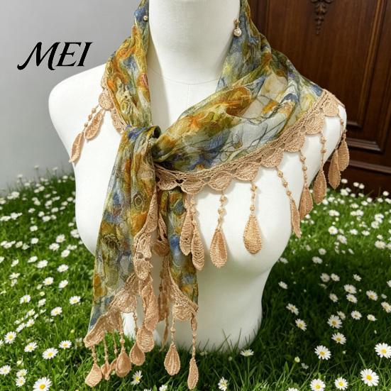 Elegant Tassel Fringe Wrap Women Triangular Shawl Scarf with Tassel, Hollow Lace Retro Oil Outdoor Photography Prop Painting Print, Breathable Fashion