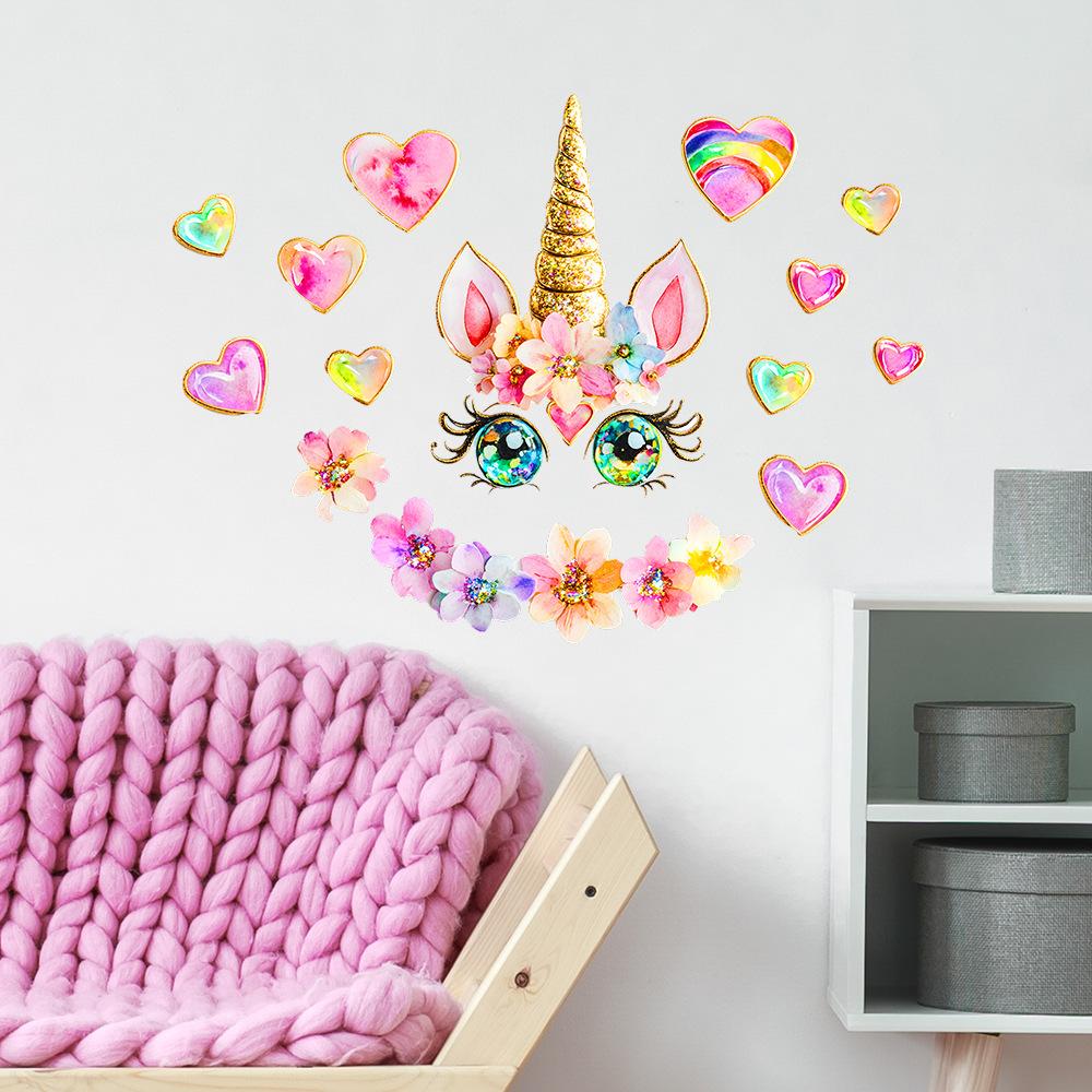 Cartoon Unicorn with Heart Wall Sticker Magical Sweet Self-Adhesive Decor for Children's Bedroom Living Room Kids Room