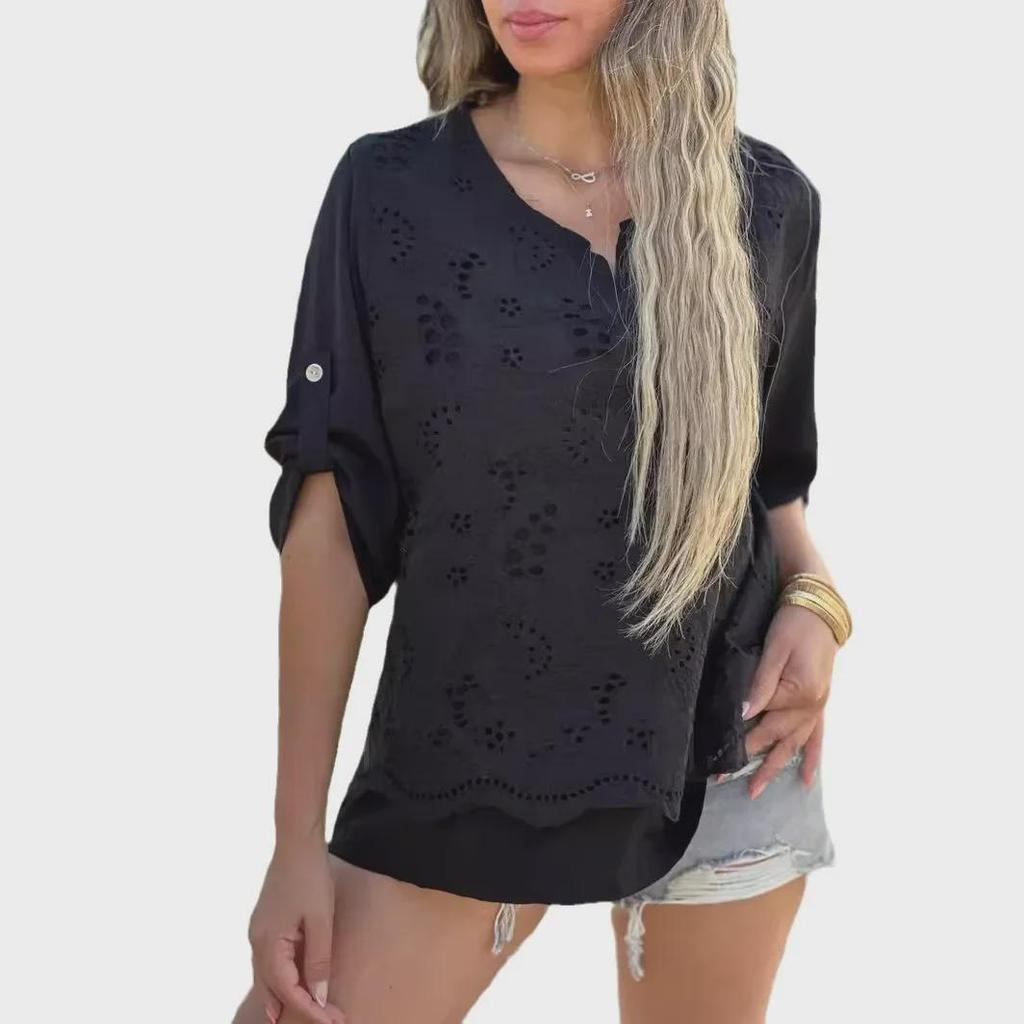 2023 Autumn Solid Color Mesh Spliced Roll-up Sleeve Shirt Top
