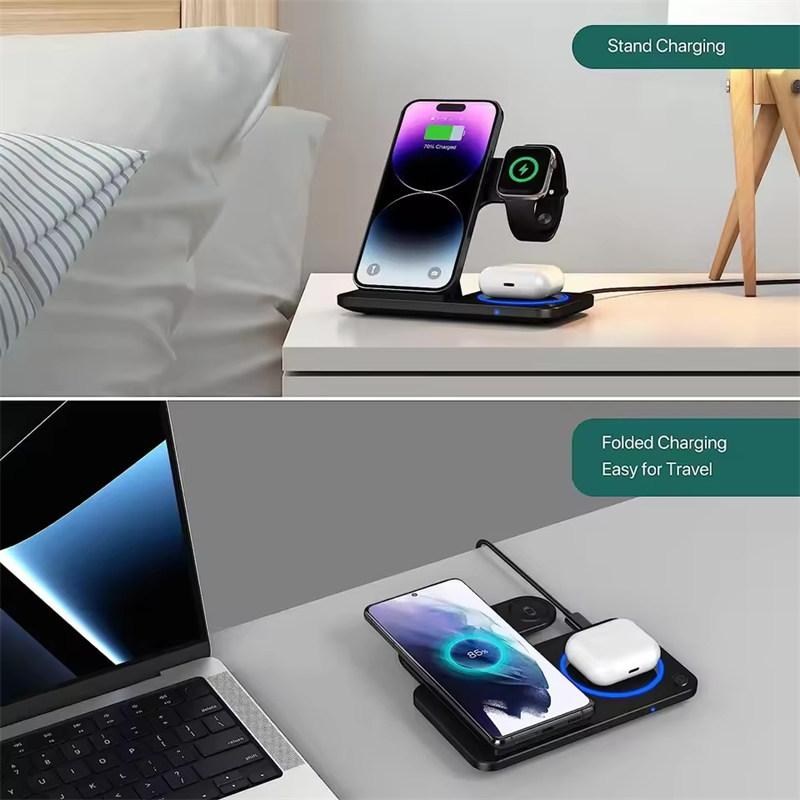 30W LED Fast Wireless Charger Stand 3 In 1 Foldable Charging Station for iPhone17 16 15 14 13 12 11 Apple Watch 9 8 7 6 5 Airpods Pro