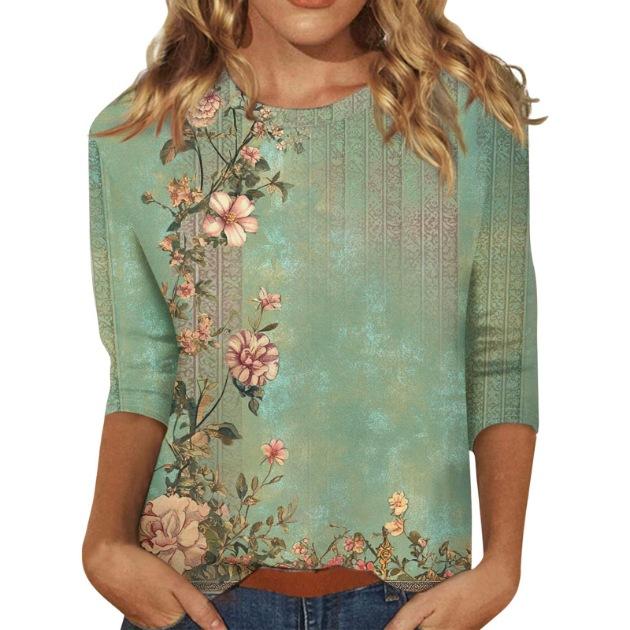 2026 Spring/Summer New Women's Fashion Printed Three-Quarter Sleeve Loose Round Neck Casual T-Shirt Top