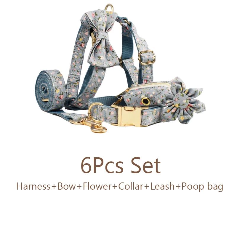 Personalized Floral Dog Collar Leash Harness Set with Bow & Poop Bag Holder - Quick Release Adjustable Pet Accessories for