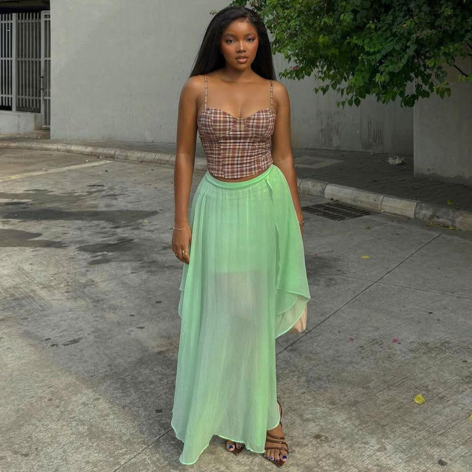 European and American Women's Clothing Retro Plaid Slim-fit Suspender Tube Top African Foreign Irregular Mesh Skirt Set