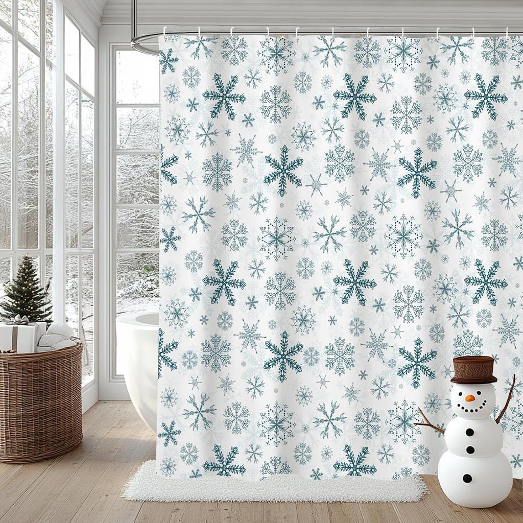 Winter Snowflake Gray White Shower Curtain Pattern Snow Shower Curtain Bathroom Christmas Decor Waterproof Polyester Fabric With