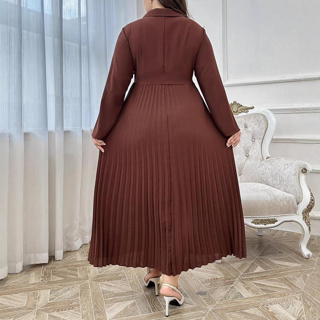 Plus Size French Lapel Long Sleeve Pleated Dress - Elegant Waist-Cinching Design