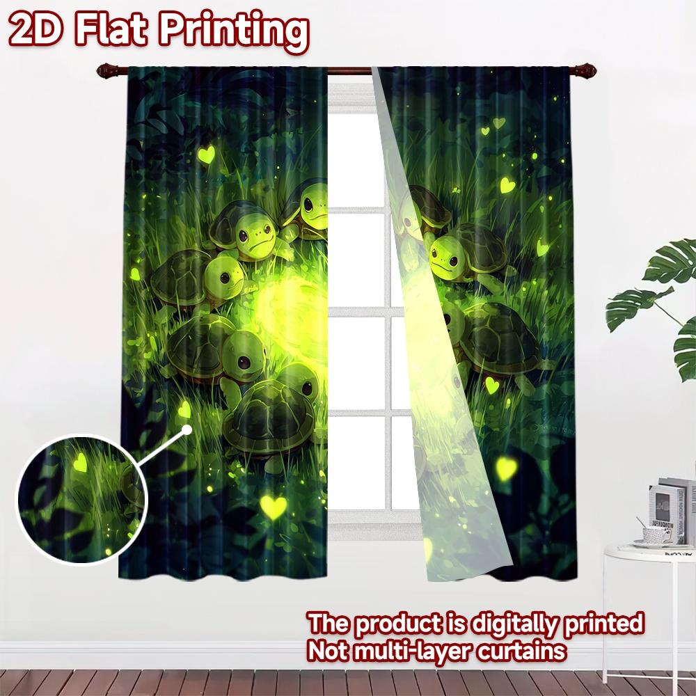 2D Flat Printing 2pcs Curtains Cute Turtles Glowing Hearts Digital Printed Polyester Drapes Birthday Party for Indoor