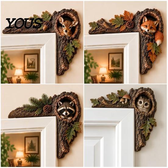 Forest Theme Room Accents Chipmunk Tree Hollow Door Topper, Decorative Wood Frame Sign, Whimsical Doorway Sculpture Woodland Animal Wall Art for Home