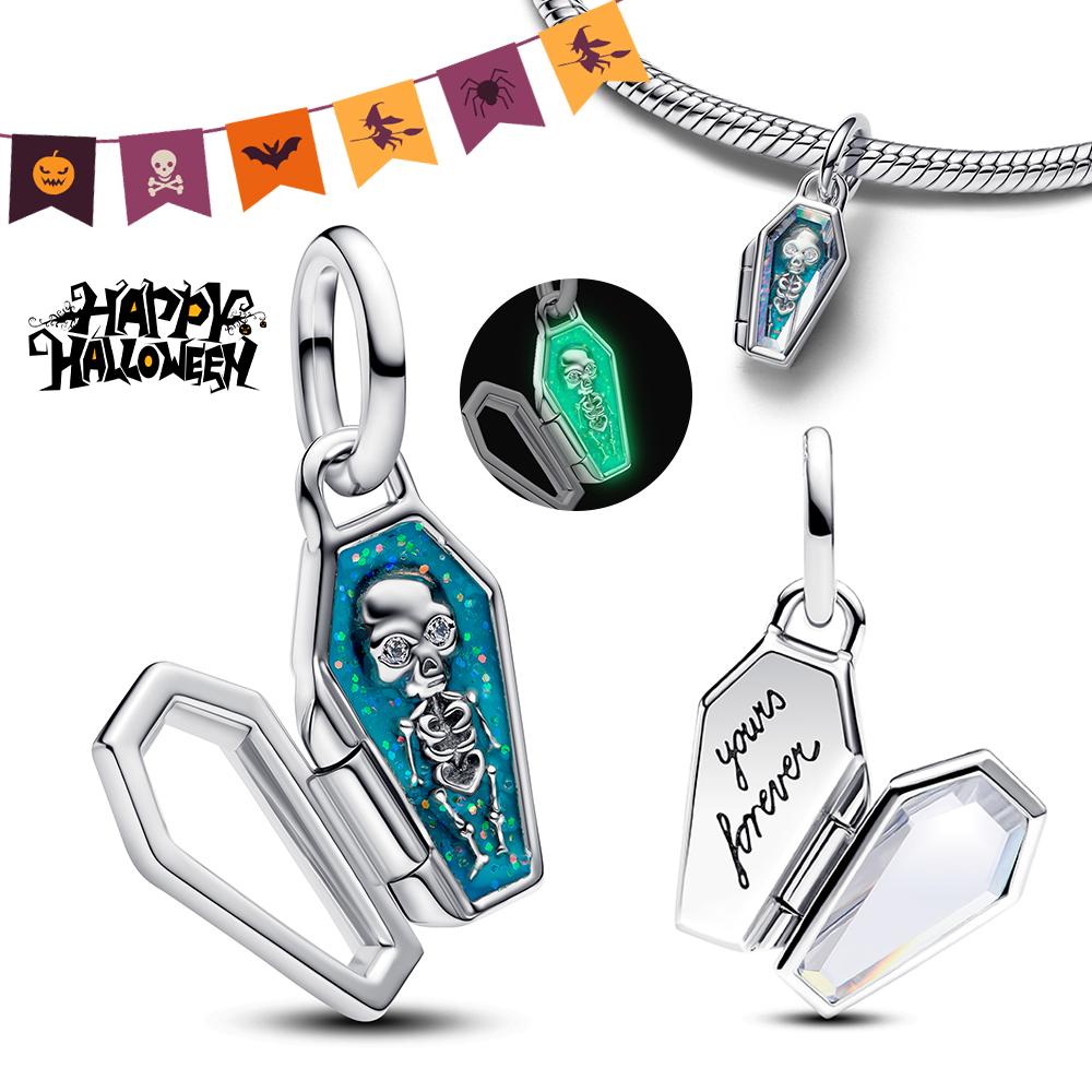 Halloween Party Copper Luminous Skeleton Coffin Pendant Beads Fit Charms Bracelet For Jewelry Making Women Gifts