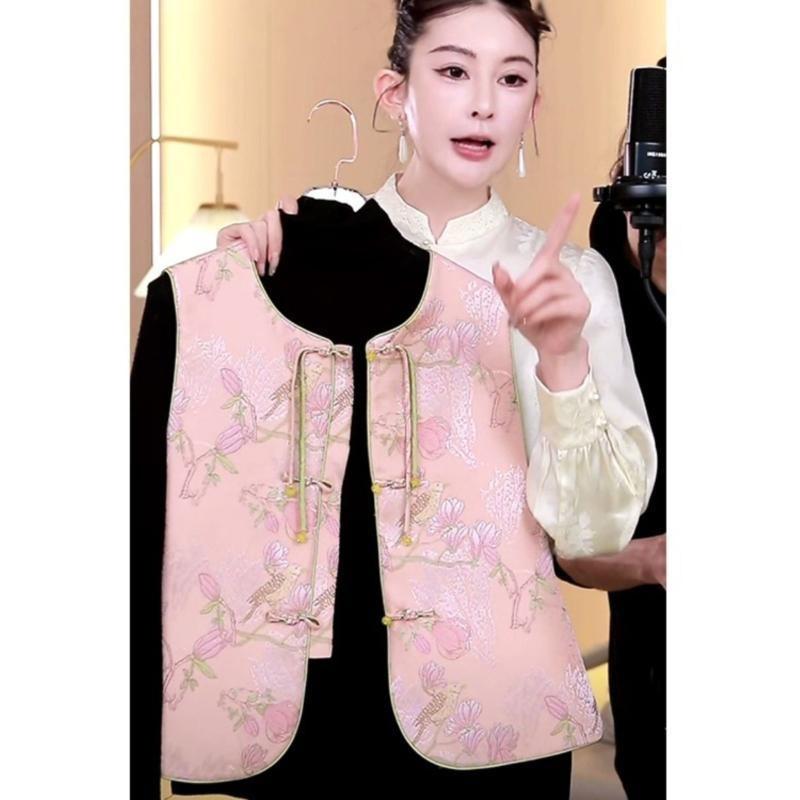 Vest embroidery 2025 new large size pink retro vest women's top