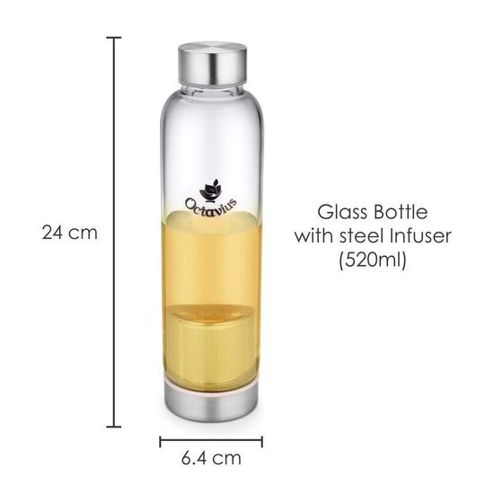 Octavius | Borosilicate Glass Bottle | Green Tea Bottle with Infuser - 520 Ml | Glass Infuser Water Bottle | Tea Filter Strainer (520 ML)