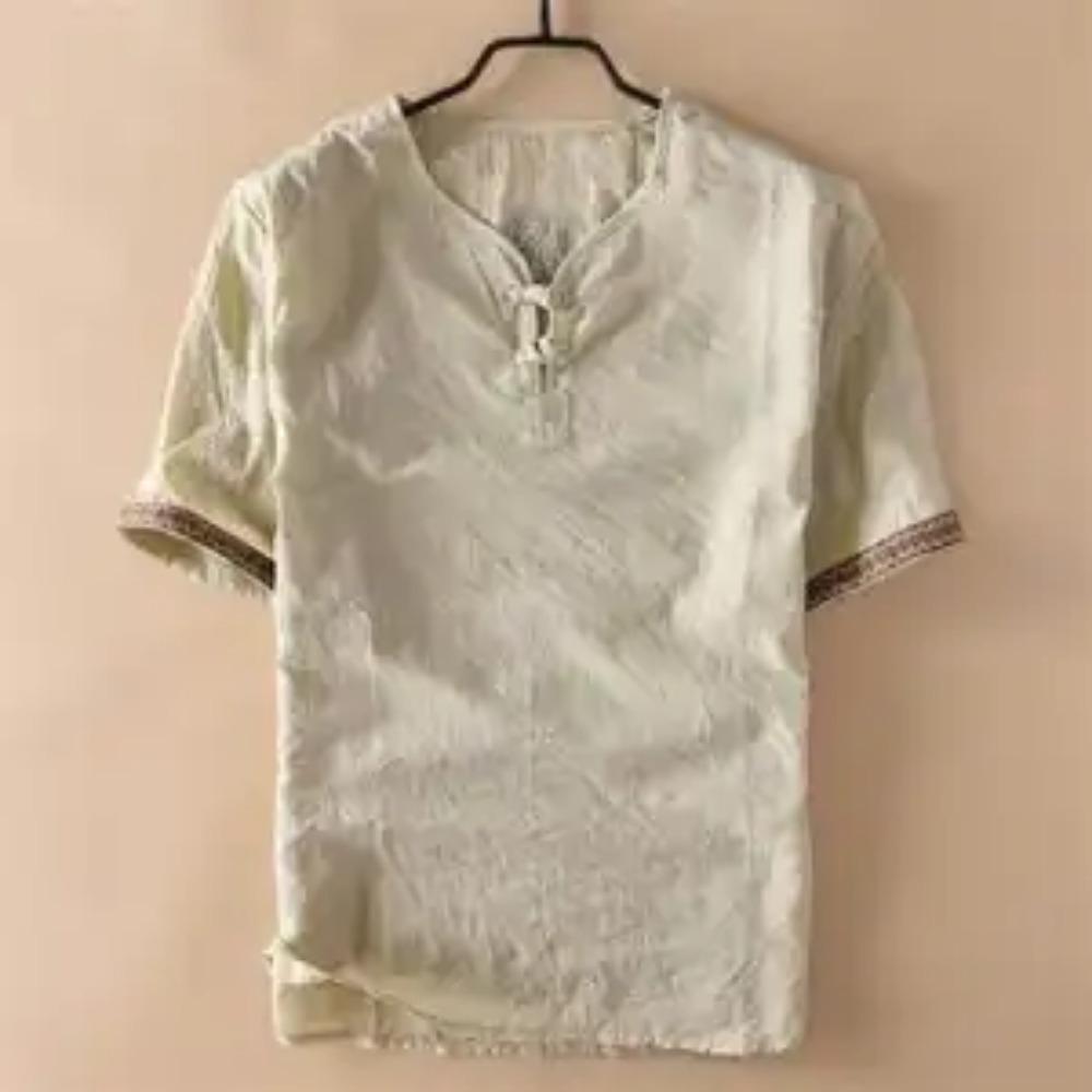 Men Chinese Style Vintage Printed Cotton Linen T Shirt Summer Male Casual V Neck Short Sleeve Breathable Tops Ropa Hombre M-5XL