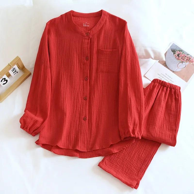 

Новый весенне-осенний комплект пижамы для пар из 100% хлопкового крепа, мужские и женские брюки с длинным рукавом, домашний костюм, комплект из двух предметов M