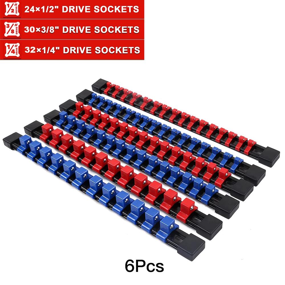 ABS Socket Organizer 1/2 Inch 3/8 Inch and 1/4 Clip Drive Socket Rail Holders Heavy Duty Socket Racks  with Red Blue Black Clips