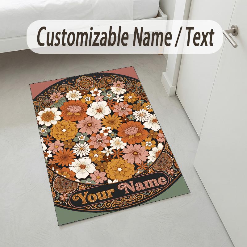 Floral Theme Soft Crystal Velvet Rug Custom Name & Text Print Non Slip Floor Rug for Bedroom Living Room