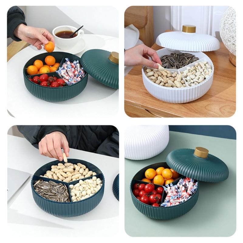 Round Plastics Divided Serving Tray with Lids Individual Dishes Storage Containers Serving Platter for Snack Fruit