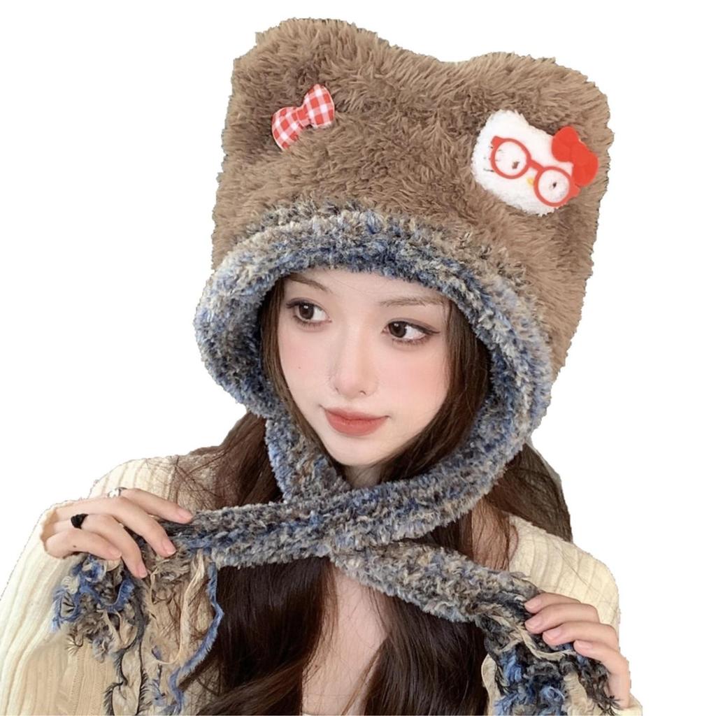 Korean Style Sweet Kitten Plush Hat for Women - Cute 2025 Autumn/Winter Warm Beanie with Ear Protection Shows Slim Face