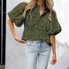 Camisa Sólida Vazada para Mulheres Verão Gola Alta Manga Curta Lanterna Abotoada Solta Cintura T-shirt Moda Casual Respirável Leve Camisa de Trabalho