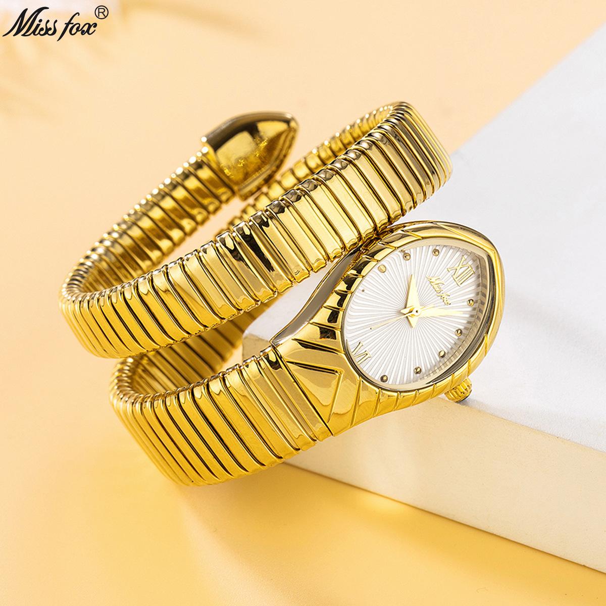 

MISSFOX Women s Watches Quartz Snake Shape Simple Ladies Watch Fashion Unique Strap Waterproof Wristwatches золотистий/зелений
