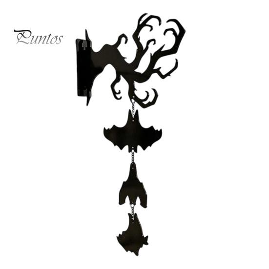 Festive Entrance Hanging Bell Halloween Wall Decor, Matte Black Dead Branch Bat Silhouette Ornament Courtyard Decoration with Metal Bell, Easy Install