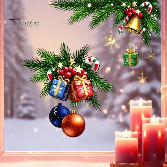 PVC Static Stickers Christmas Window Clings, Xmas Ball Gift Box Decals with Pine Branch, Creative Decorations Bell, Snowflake, Reusable Glass Sticker