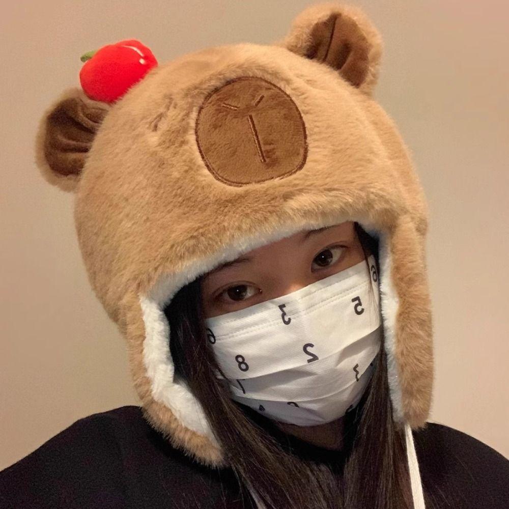 

Cartoon Animals Ears Beanie Hats Warm Plush Cap Cute Cute Capybara Hat Streetwear
