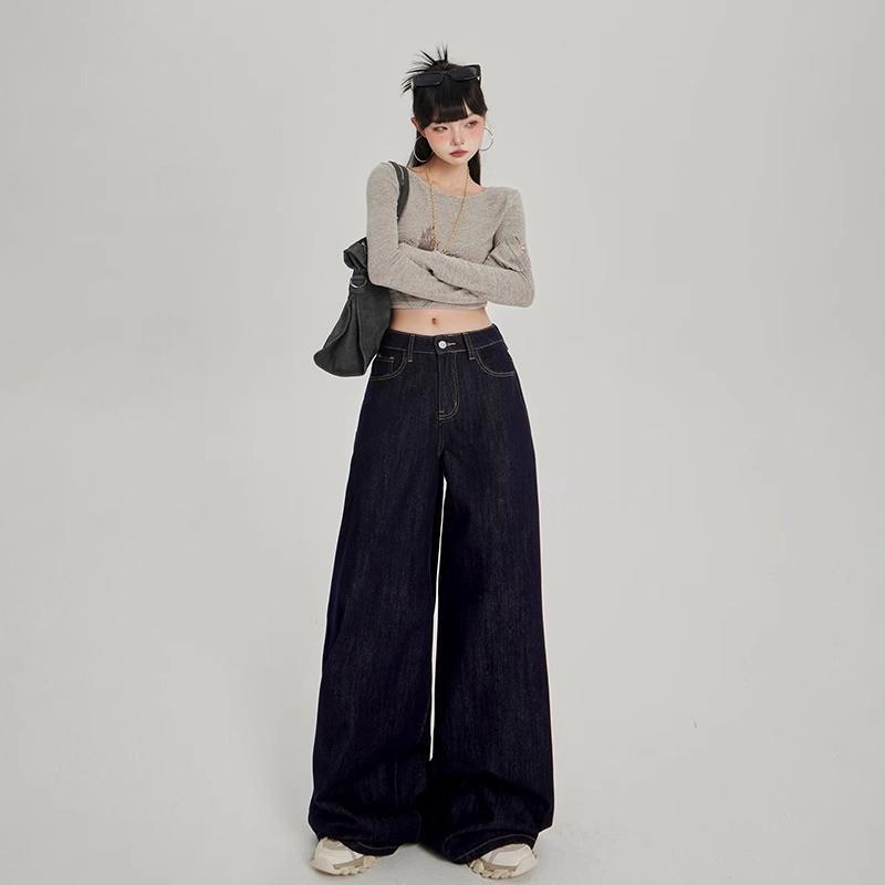 

Женские ретро джинсы широкие штанины темно-синие - Универсальные весенние стройнящие брюки прямого кроя L 59-65 kg