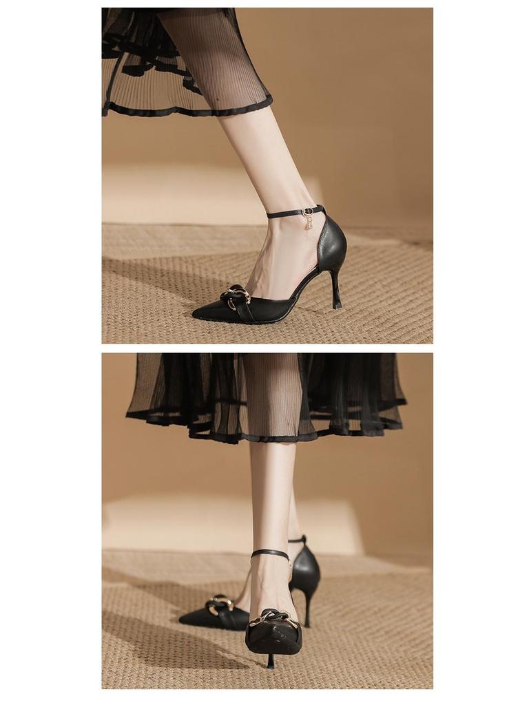 Zyp-LQ Women's Stiletto Pointed Toe Heels, Microfiber Leather, Chain Buckle, Sizes 31-44