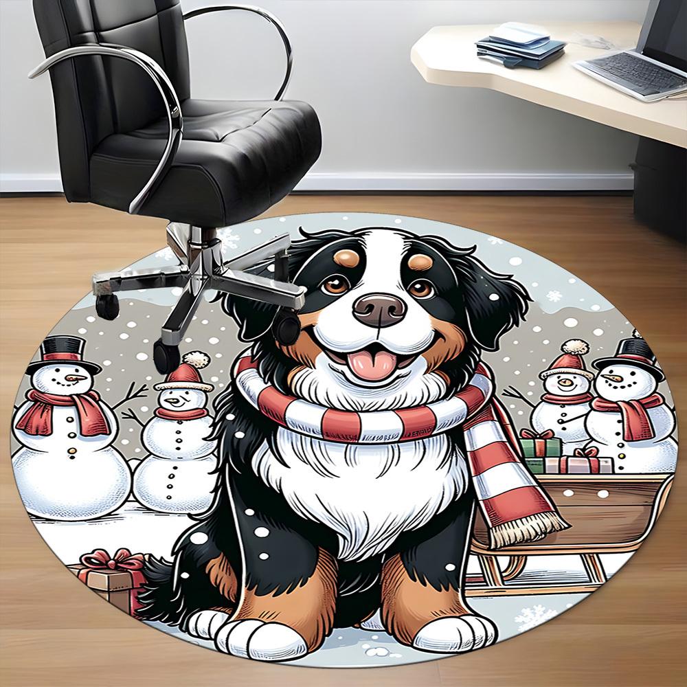 1PC Winter Snow Dog Office Round Area Rug, Mat Suitable For Office, Under Office Chairs Bedroom Living Room Home Decor, Room Deco
