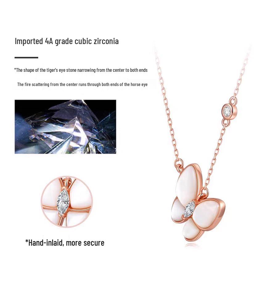 S925 Sterling Silver Butterfly Necklace with Mother-of-Pearl & Diamonds - Elegant French Style for Women, Xiaohongshu Recommended Trend.