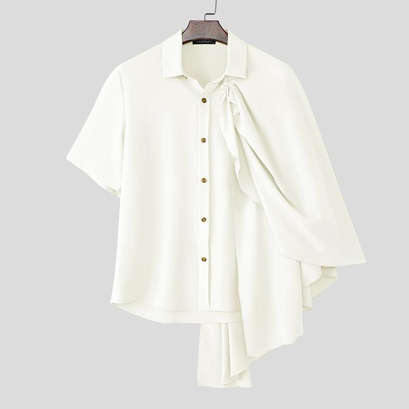 

INCERUN Мужские рубашки с воротником-лацканом, коротким рукавом, пуговицами, оборками и слоями, в стиле пэчворк, повседневные рубашки-накидки M