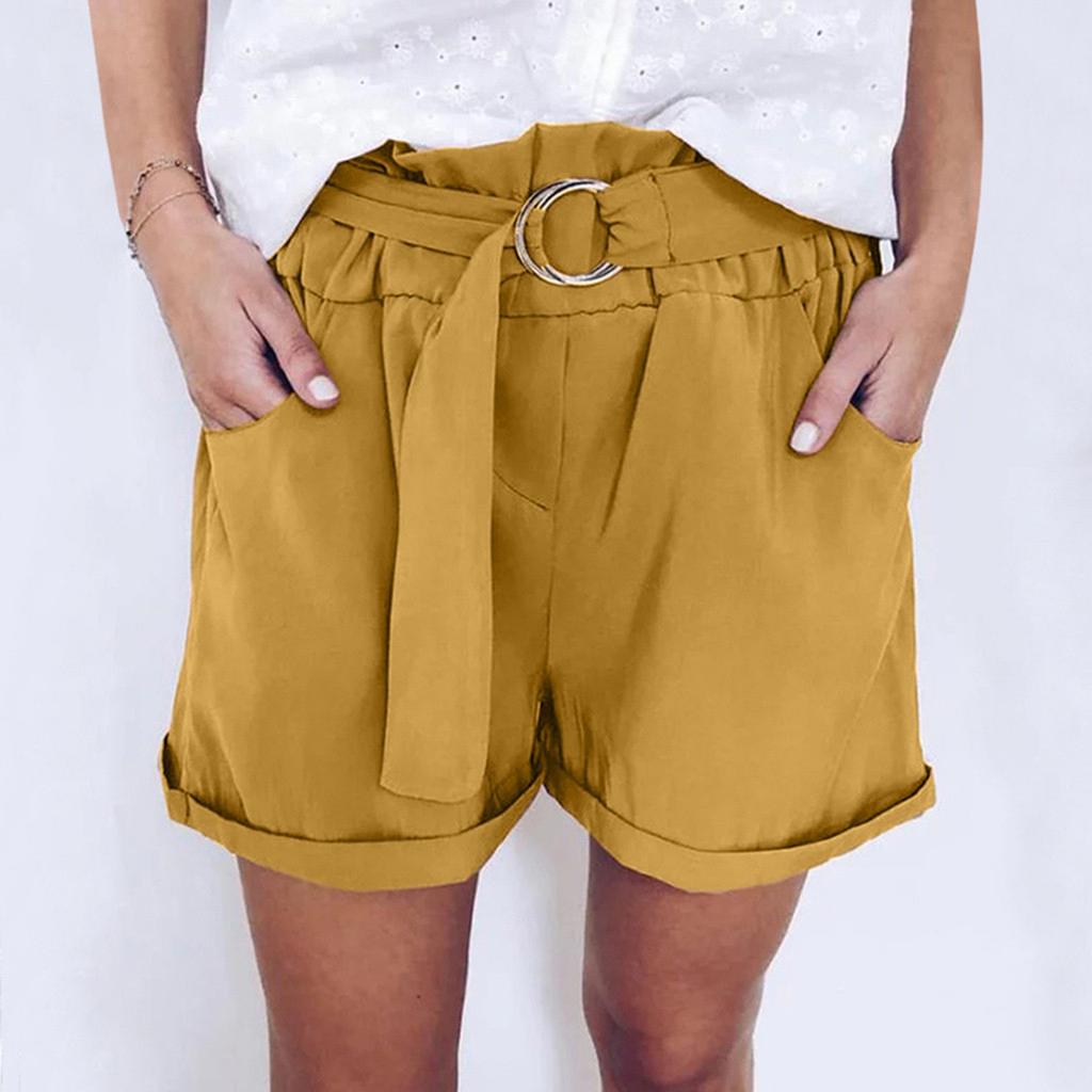 Women's Summer Relaxed Solid Color Tie Elastic Pocket Casual Shorts Pants