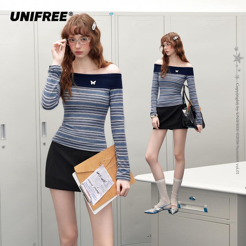 UNIFREE Women s Off-Shoulder Striped Long Sleeve T-Shirt L