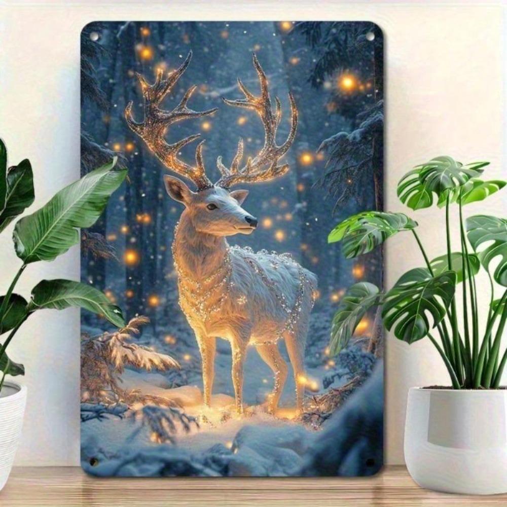 1pc 12x8 Inch Enchanted Deer Glowing Antlers Metal Tin Sign, Winter Snowy Forest Wall Art, Rustic Farmhouse Plaque for Home Bar Kitchen Decor