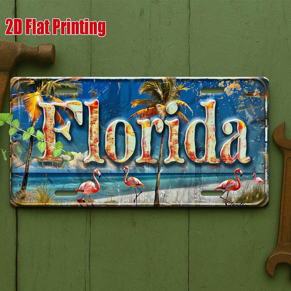 2D Flat Piece, Florida Beach Scene Metal License Plate, Vintage Aluminum Sign, Suitable for Poolside, Patio, Beach Bar