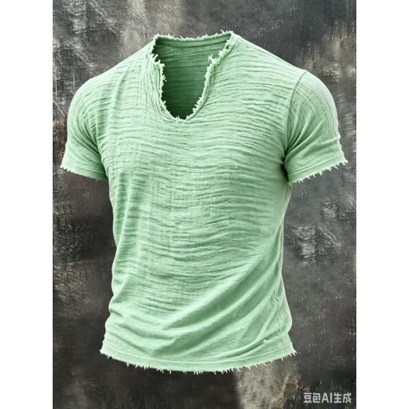 MENFORMAL Heren Khaki Slubtextuur Ruwe Rafelige Rand V-hals T-shirt Verweerd Gerafeld Randje Korte Mouw Casual Vintage Top 4XL lichtgroene kleur