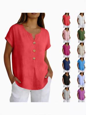 2026 Summer Women's Fashion Cotton Linen Button Short Sleeve Top