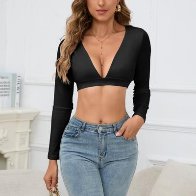 Kadın Sonbahar ve Kış Yeni Uzun Kollu Slim V Yaka Moda Seksi Üstler