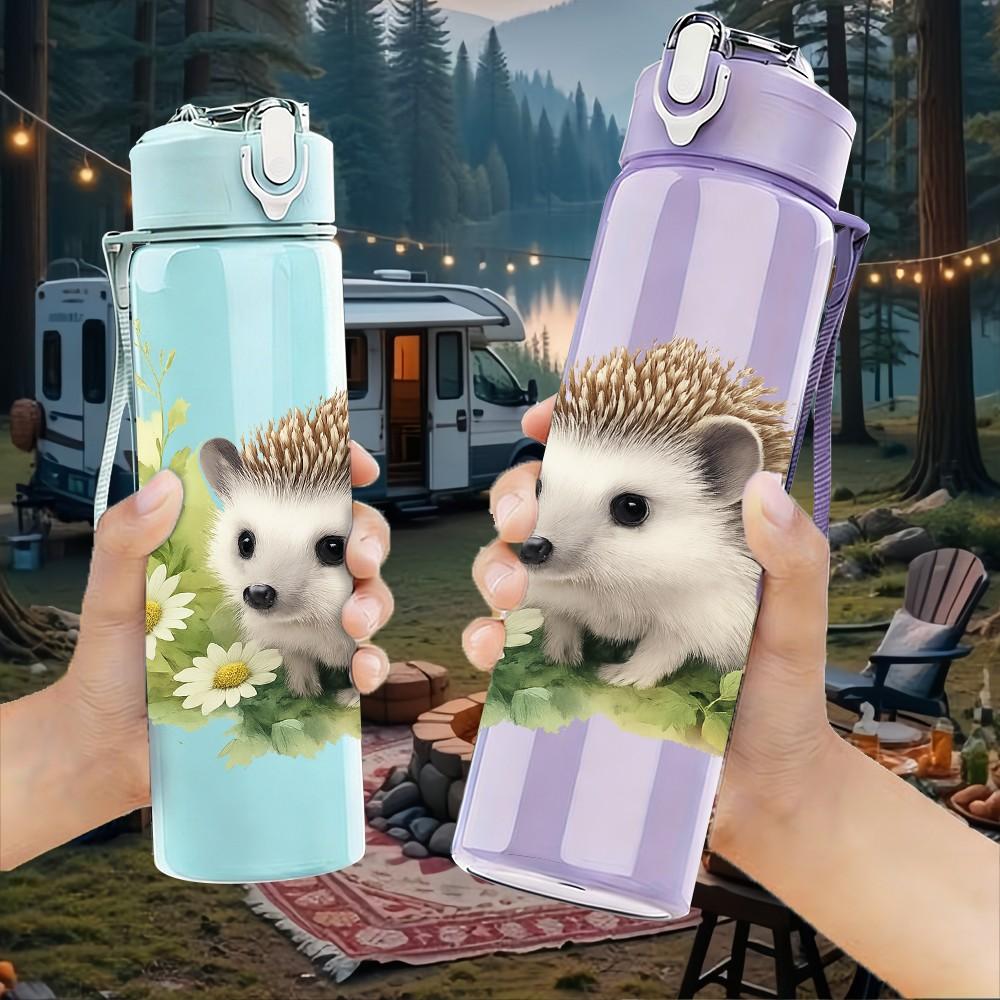 1PC Hedgehog Daisy Flower Animal Print 750ml Color Plastic Sports Water Bottle Leakproof Flip Straw Lid Suitable for Sports Office Home Use