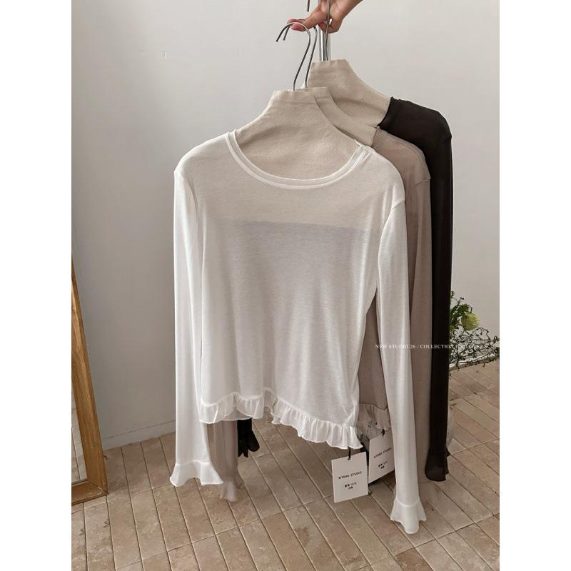 

Wood Ear Collar Long-Sleeve Layering T-Shirt - Gentle Korean Style for Spring One Size