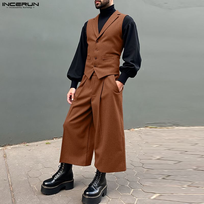 INCERUN Two-piece Suits Men Sleeveless Thin Waistcoat and Cropped Pants Sets