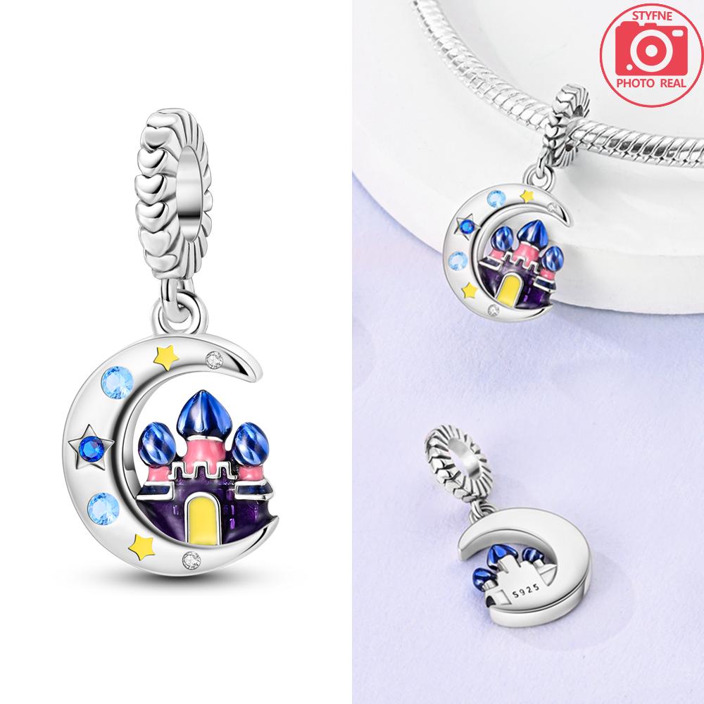 Charms 925 Silver Blue Zircon Moon Moon Luminous Star Beads Pendant Fit Bracelet Woman DIY Jewelry Fine Gifts Making