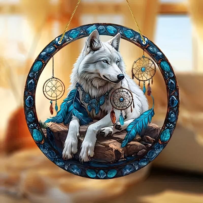 Wolf King Series Acrylic Catcher 8 "(20cm)Stained Glass Window Hanging, Outdoor and Interior Wall Suitable for Living Room Bedroom Porch Garden KTY