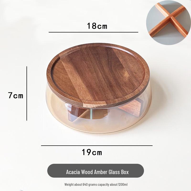 Acacia Wood Amber Glass Fruit Bowl with Stand Small